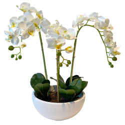 Orkide i hvid potte, 4 grene, 60cm, kunstig blomst