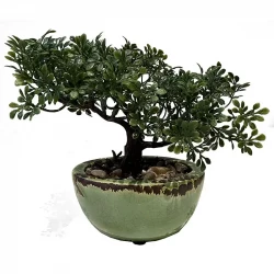 Bonsai mini træ i grøn potte, 19cm, kunstig plante