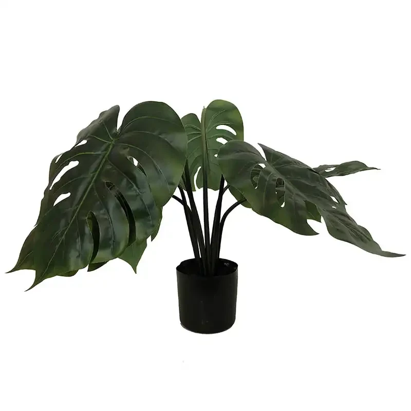 Monstera plante i sort potte, 60cm, 8 blade, kunstig plante