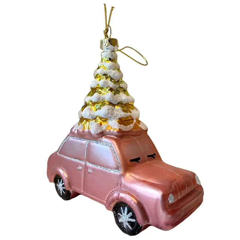 Juletræspynt, bil m juletræ, lyserød, 13cm