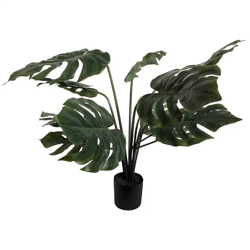 Monstera plante i sort potte, 80cm, 12 blade, kunstig plante