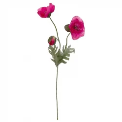 Valmue, 2 blomster, 1 lukkede, pink, 70cm, kunstig blomst