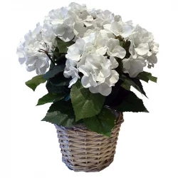 Hortensia i flettet kurv, 45cm, hvid, kunstig blomst