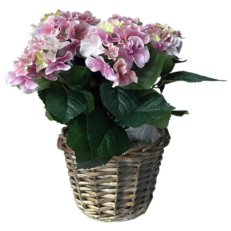 Hortensia lyserød, flettet kurv, 45cm, kunstig blomst