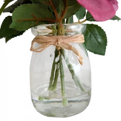 Rosen buket i glas, 5 stk, lyserød, 18cm, kunstig blomst