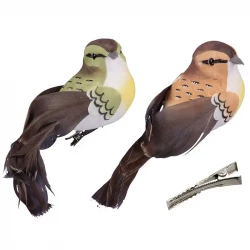 Fugle på klips, 6stk, brun/grøn,, kunstig fugl