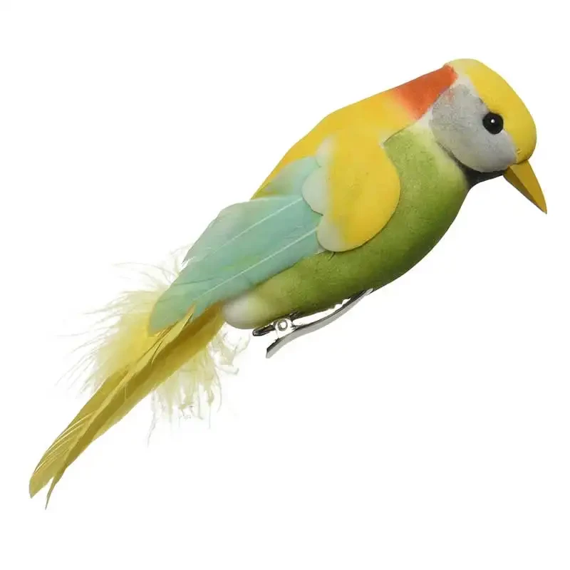Fugl på klips, gul/grøn, kunstig fugl