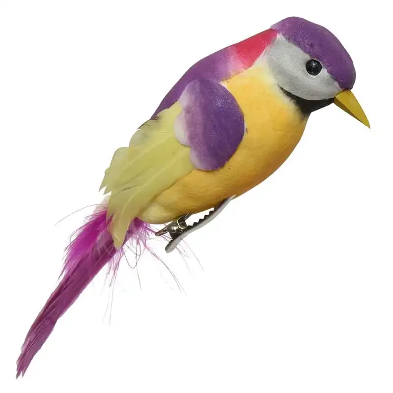 Fugl på klips, lilla/gul, kunstig fugl