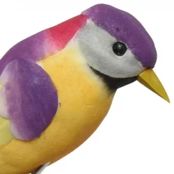 Fugl på klips, lilla/gul, kunstig fugl