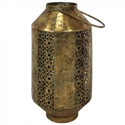 Lanterne i metal m hul mønster, antik guld look, 57cm