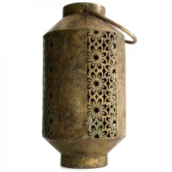 Lanterne i metal m hul mønster, antik guld look, 37,5cm