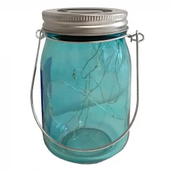 Solcelle glas lanterne m ophæng, Blå, 14cm