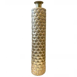Gulv flaske vase i metal, guld m mønster, 78cm