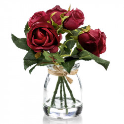Rosen buket i glas, 5 stk, rød, 18cm, kunstig blomst