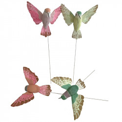 Kolibri på stål pind, 12cm, pink/grøn, 4stk, kunstig dyr