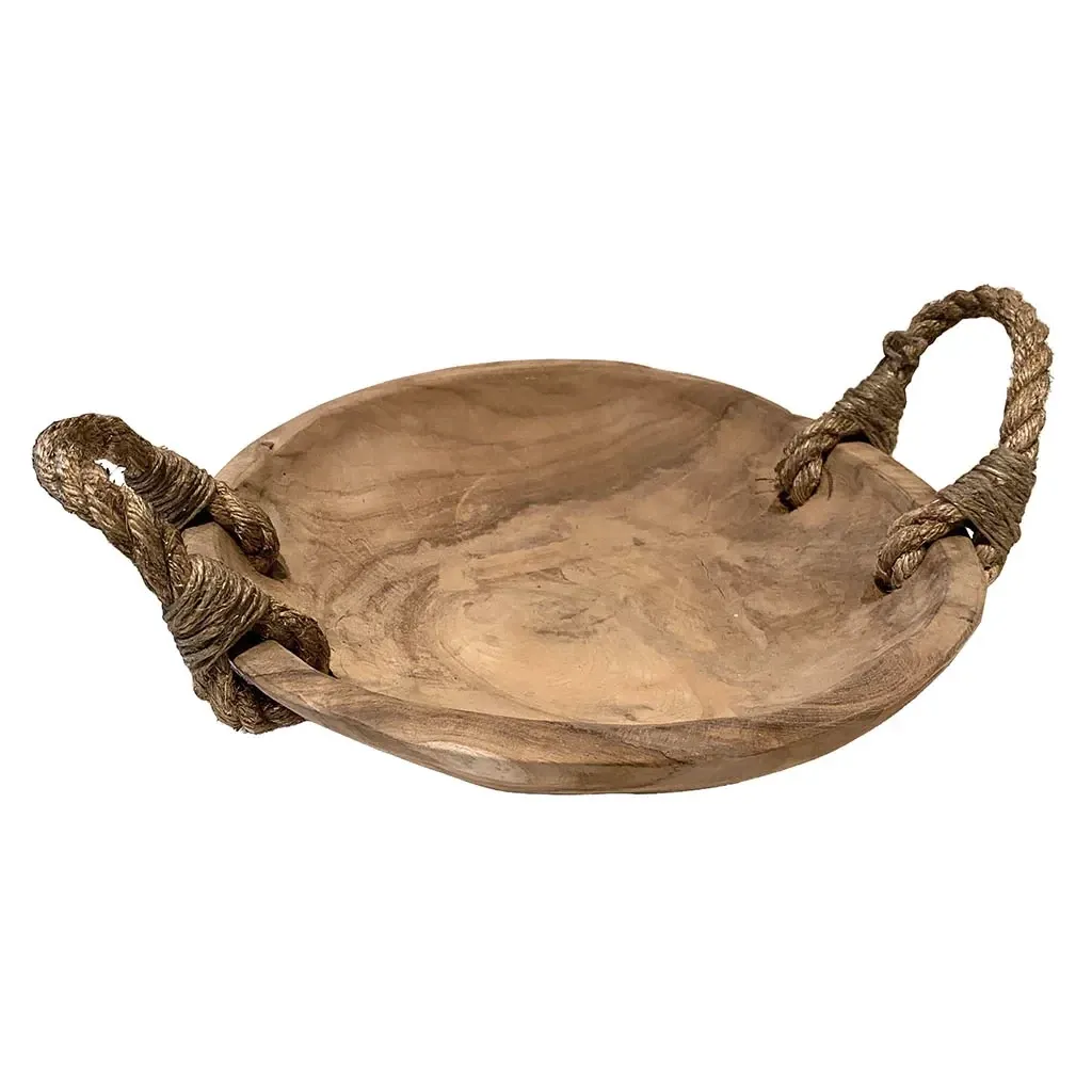 Buy Fad i teak træ m håndtag i reb, 48cm, lys træ