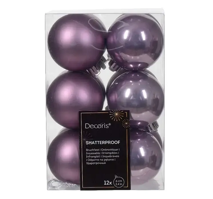 Julekugler af plast i lilla, blank og mat