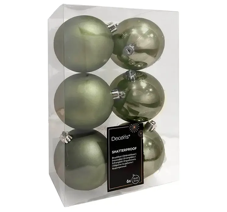 Julekugler af plast i eukalyptus grøn, blank og mat