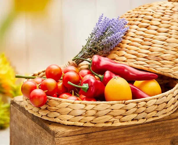 Kunstige tomater, chili fruget og citroner i dekorativt flettet fad med låg