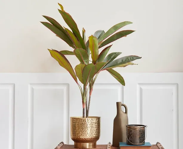 Kunstig cordyline plante sat i en banket metal krukke i guld look